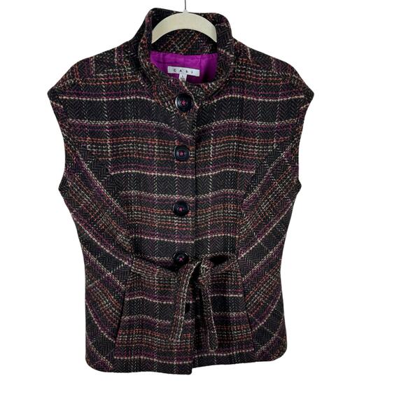 CAbi Multicolor Plaid Tweed Button Up Mock Neck Lined Vest Belted Pockets L - Picture 1 of 7